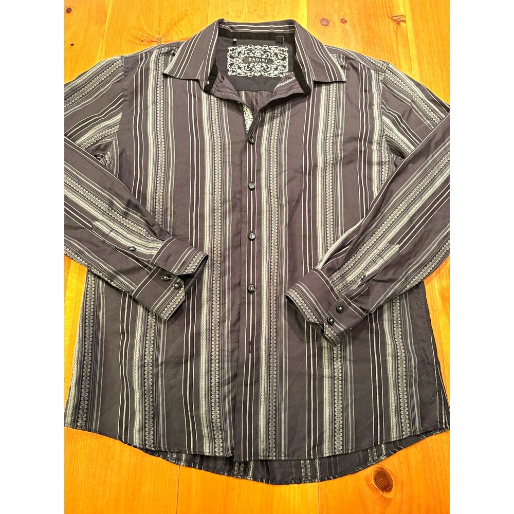 Zagiri Men's L 100% Cotton Black Gray Striped Long Sleeve Button Up Shirt
